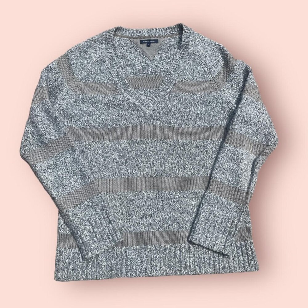 Tommy Hilfiger Faux Mohair Striped V Neck Sweater